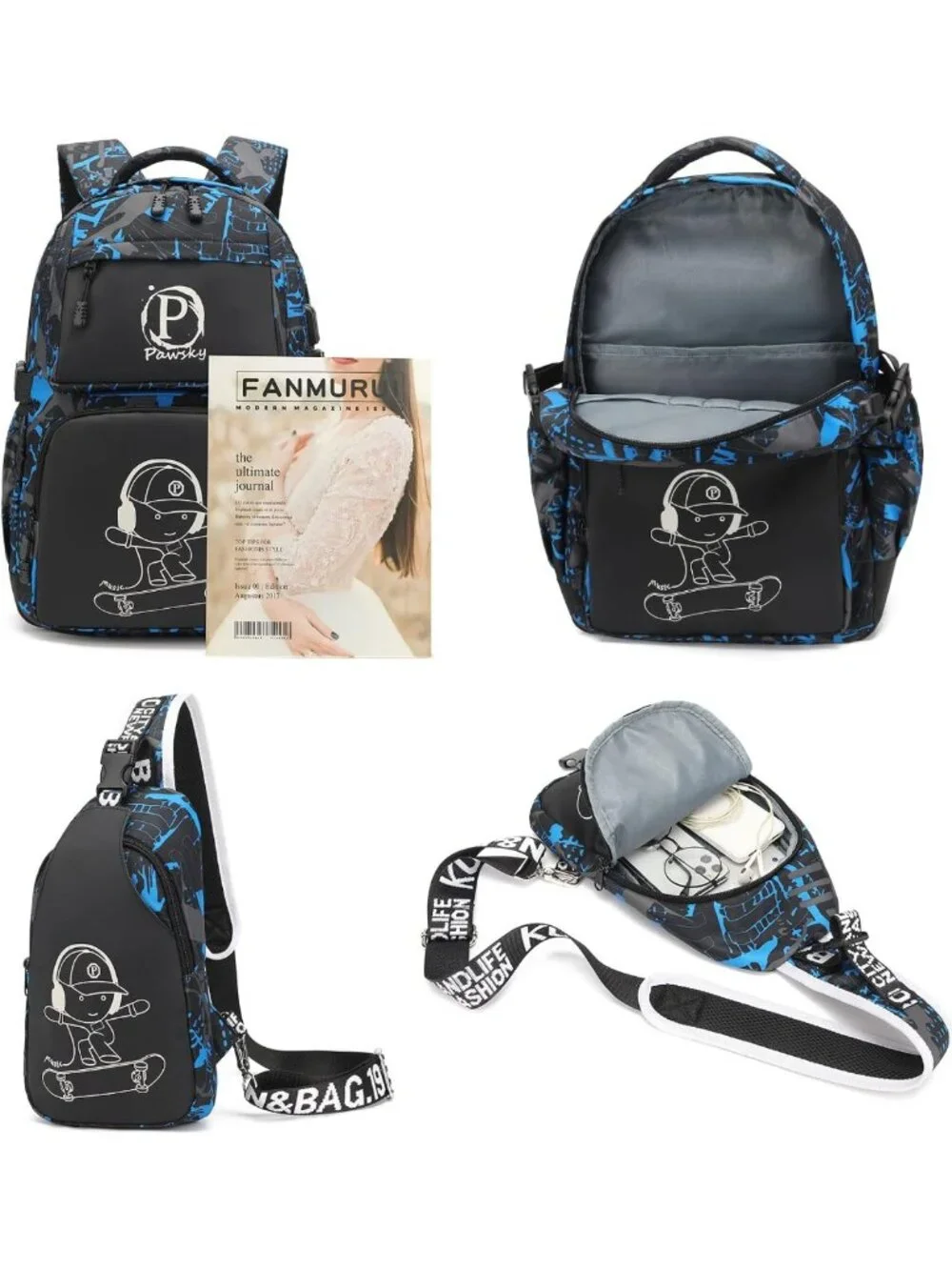 Lightweight School Backpack for Boys, Casual Daypack & Sling Bag Set, Blue